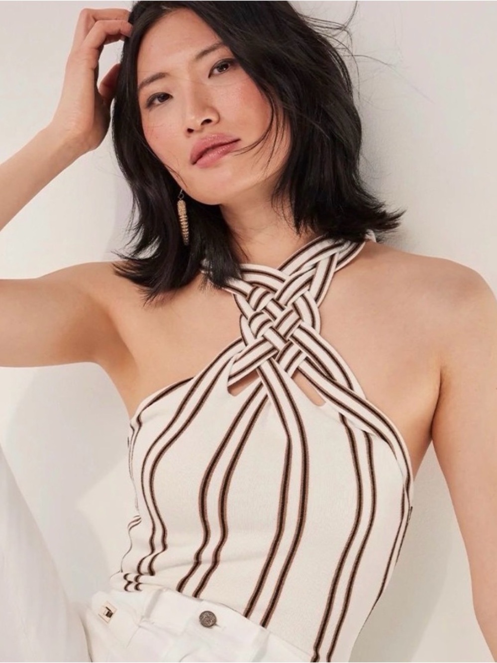 WHBM Striped Halter Sweater Tank Top White Brown Braided Neck - Size L